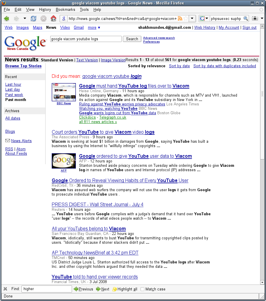 Google News search: Google Viacom YouTube logs